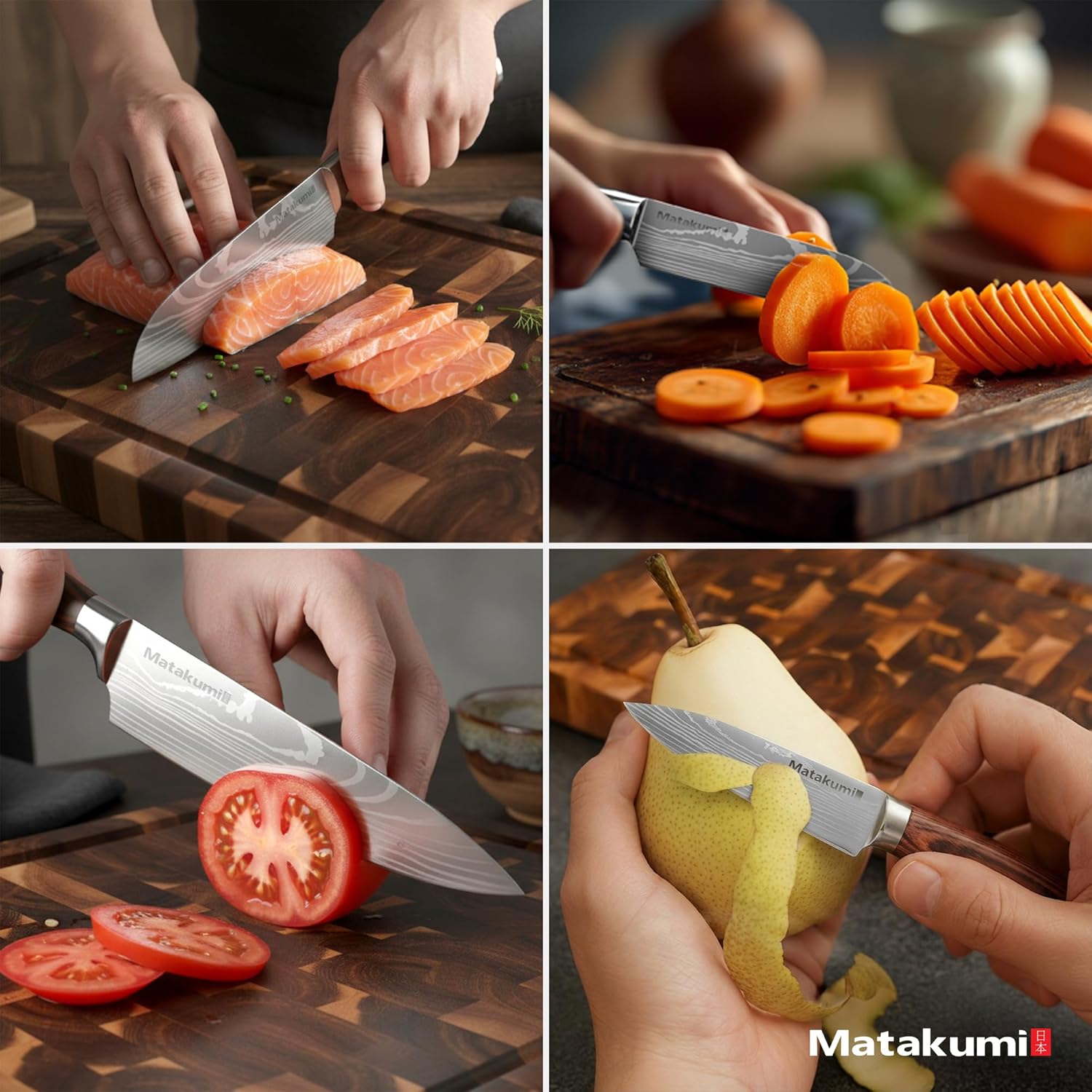 Matakumi - Set cuisine japonais, 4 pièces, acier carbone, poignée ergonomique, motif damassé gravé