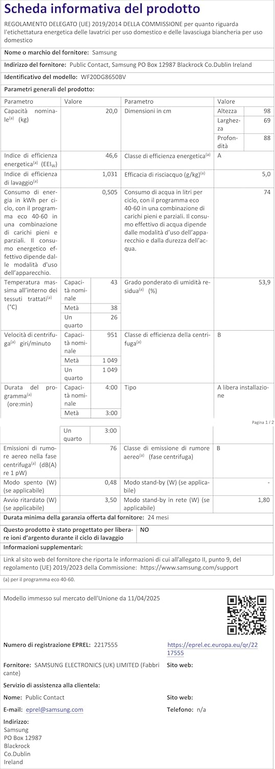 SAMSUNG - lave-linge frontal série 8000 - grande capacité, vapeur, 60x85x65 cm - WF20DG8650BV