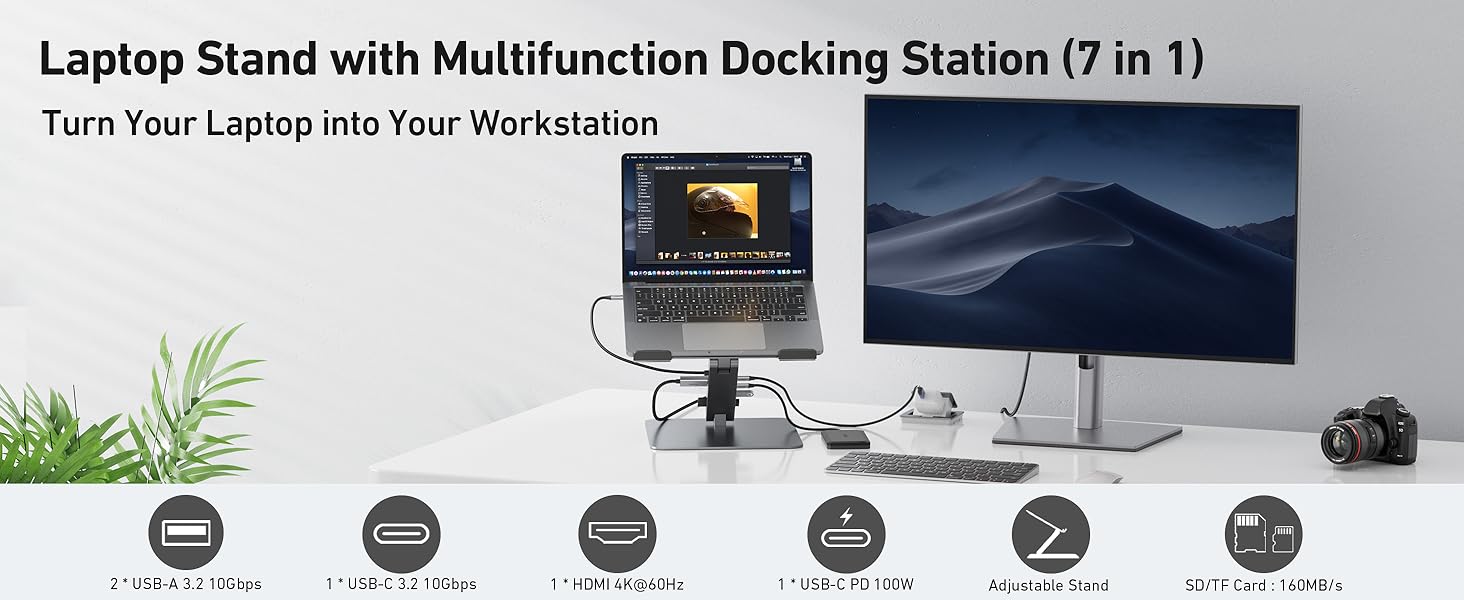 avec station d'accueil dotée de plusieurs ports, supportant un ordinateur portable surélevé et un écran externe. Les icônes ci-dessous indiquent les différentes options de connectivité, notamment les sorties USB et vidéo.