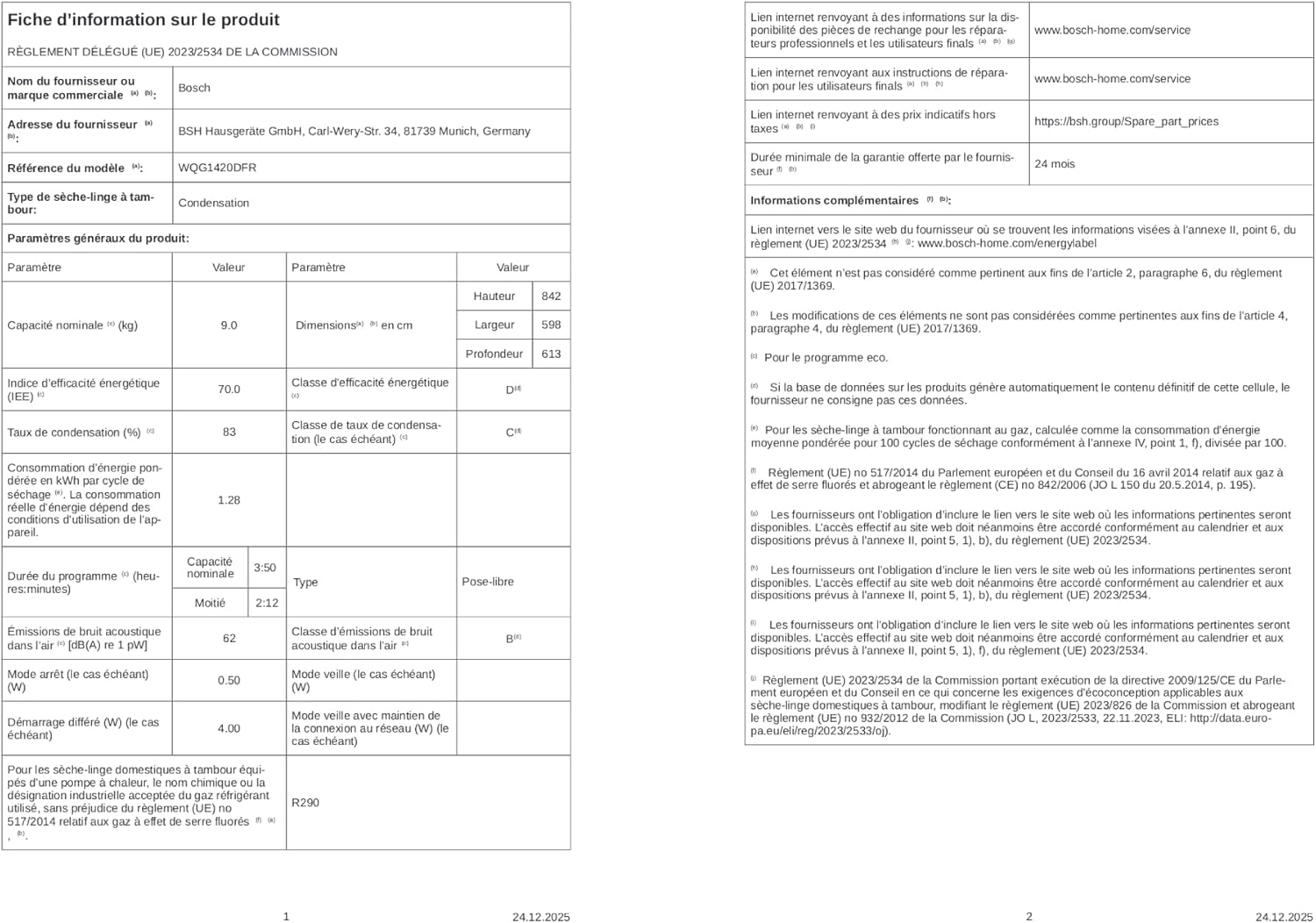 Bosch - Sèche-linge Série 6 - 9 kg, pompe à chaleur, blanc - WQG1420DFR