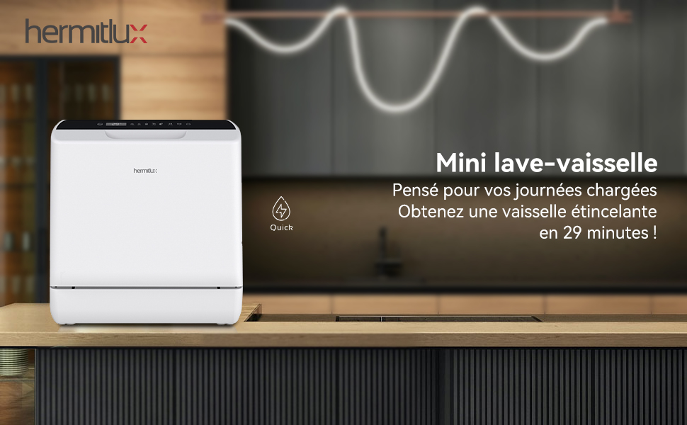 Le texte indique « Mini leve-vaisselle ». Image du produit montrant un lave-vaisselle blanc compact sur une étagère foncée.