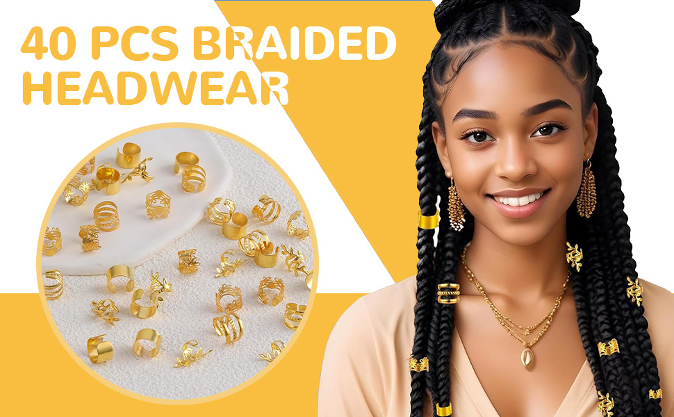 de 40 accessoires pour cheveux tressés dorés. Comprend divers anneaux et poignets décoratifs pour orner les coiffures tressées, affichés sur fond blanc