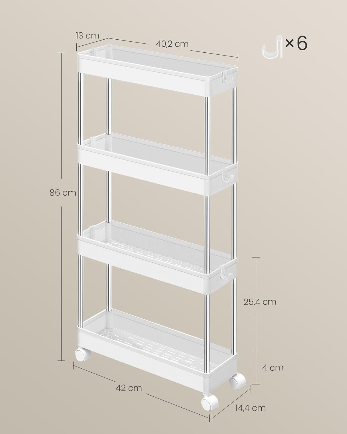 SONGMICS – chariot cuisine 4 niveaux, 14,4x42x86cm, acier, KSC08WT
