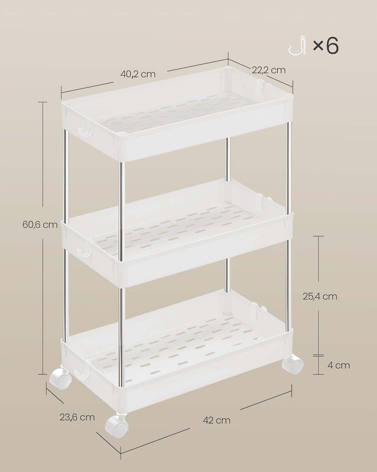 SONGMICS - Chariot de cuisine 3 niveaux, 23,6x42x60,6 cm, acier blanc, KSC009W01