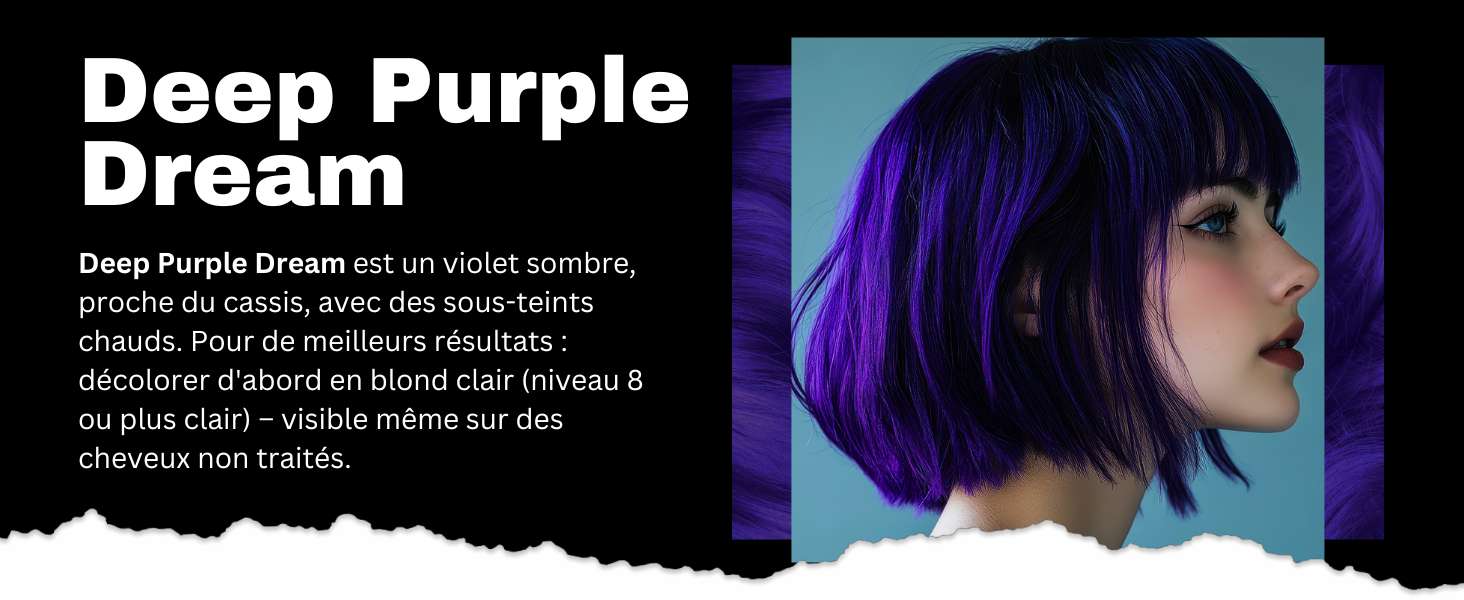 Produit de teinture pour cheveux violet vif présenté sur un modèle à la coiffure bob élégante. La riche couleur violet foncé est mise en évidence sur un fond clair