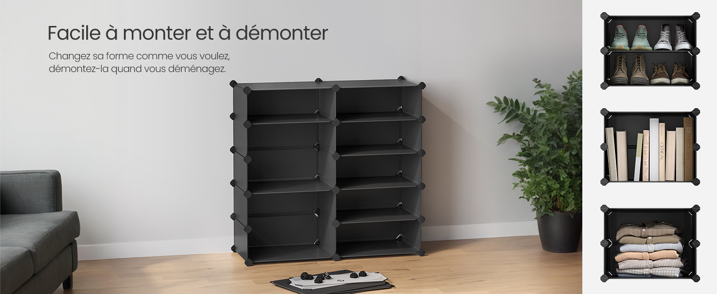 Système de rangement modulaire noir avec plusieurs compartiments assemblés contre un mur blanc, avec des images latérales illustrant les options d'organisation des étagères.