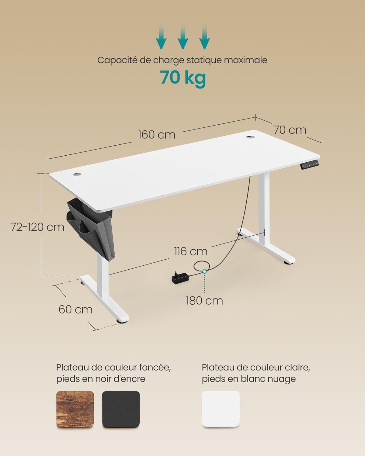 SONGMICS - bureau électrique série LSD - 160x70cm - réglable, mémoire 4 hauteurs, blanc LSD136W01