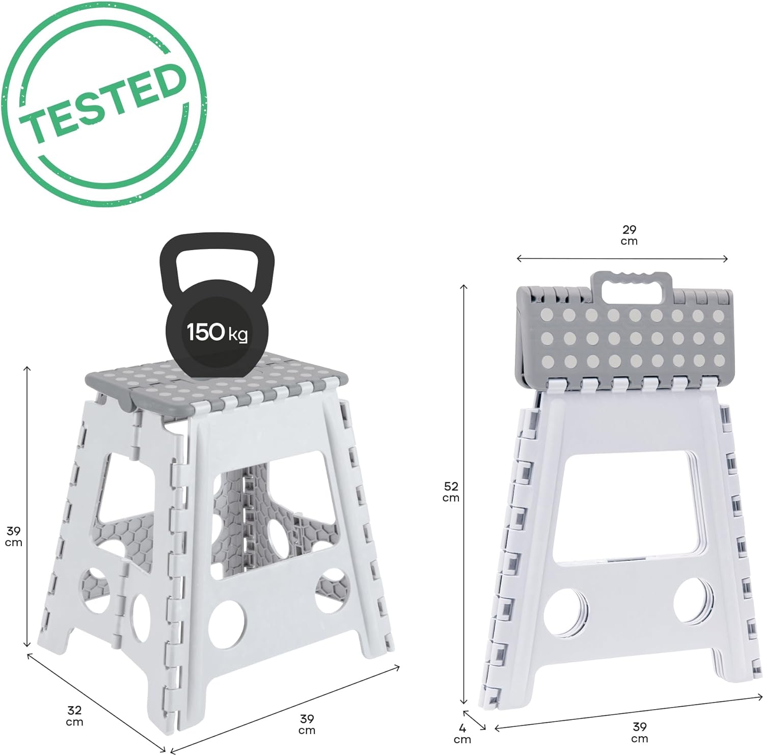 Arregui - Tabouret pliant 39 cm, blanc & gris, pliable compact TB-039-GB