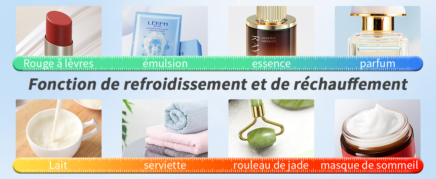 Collage de produits de soin de la peau, notamment du rouge à lèvres, de la crème, des flacons de parfum et des outils pour le visage. Le texte français indique les fonctions de refroidissement et de chauffage des différents articles de beauté présentés.