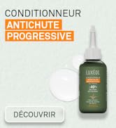 Le texte indique « CONDITIONNEUR », « ANTICHUTE PROGRESSIVE », « DÉCOUVRIR ». L'image du produit montre des bouteilles de soins capillaires avec un emballage vert dans une présentation minimaliste.