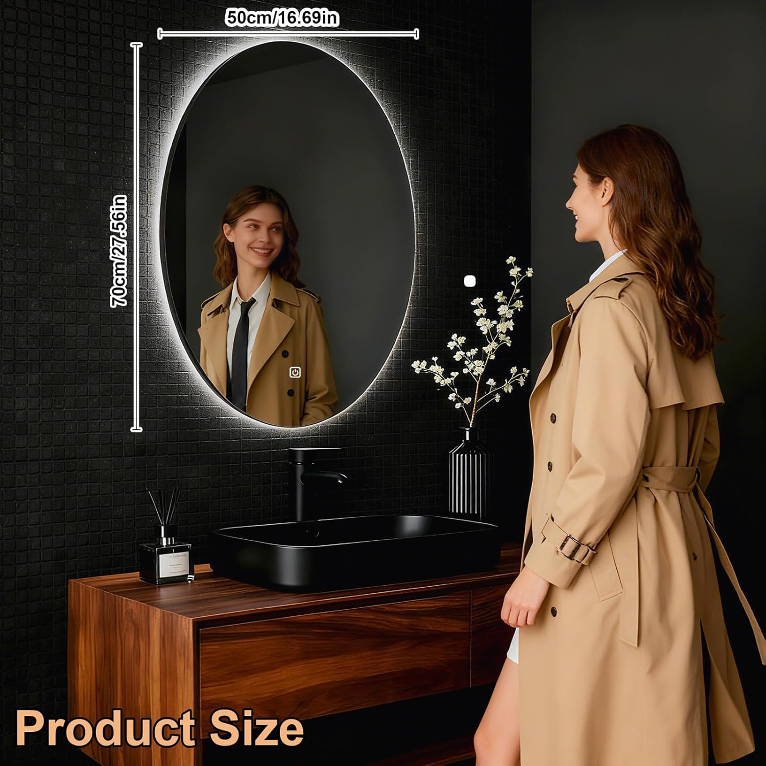 Miroir mural de salle de bain - éclairage LED, tactile, 70x50 cm, 3 couleurs