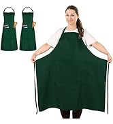 avec sangle de cou ajustable et liens à la taille. Deux tabliers montrés pliés, l'un étant porté par une personne démontrant sa couverture