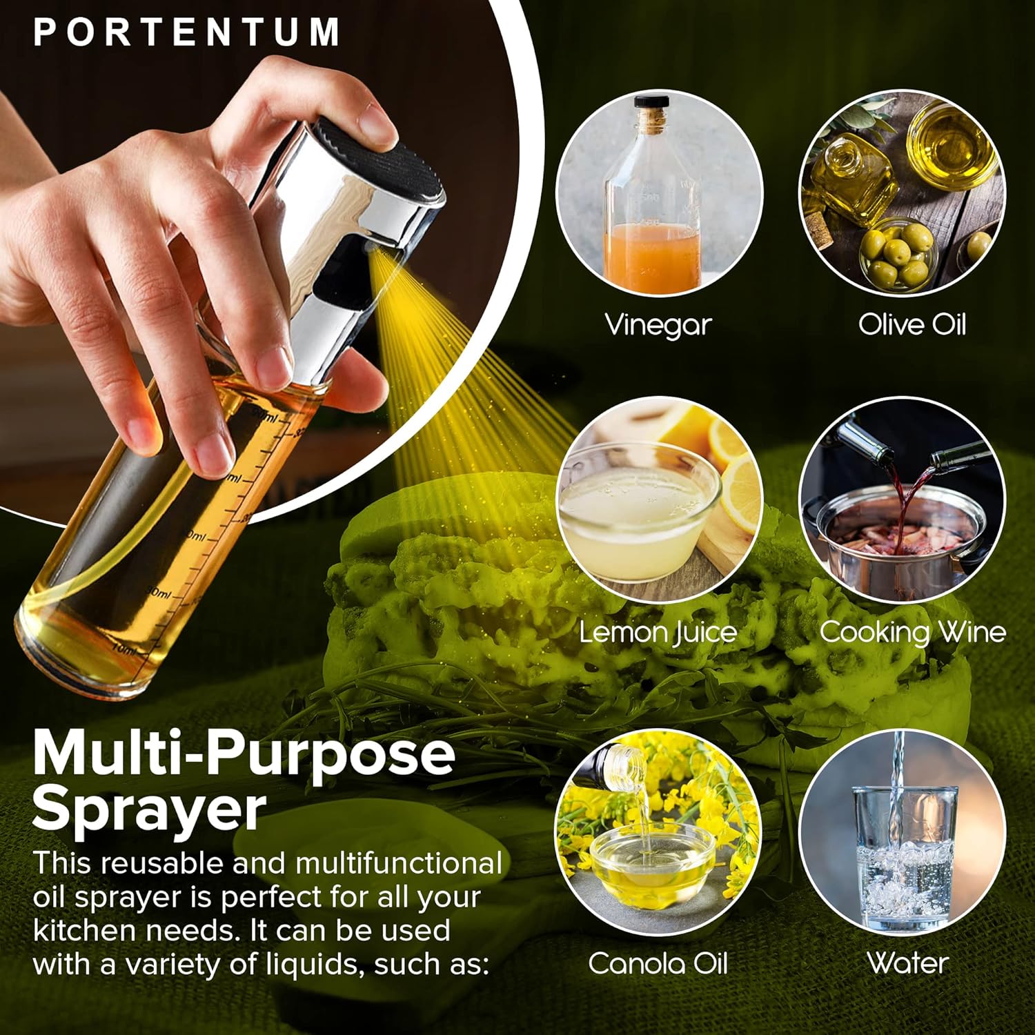 PORTENTUM - Pulvérisateur huile premium 100ml verre anti-goutte cuisine
