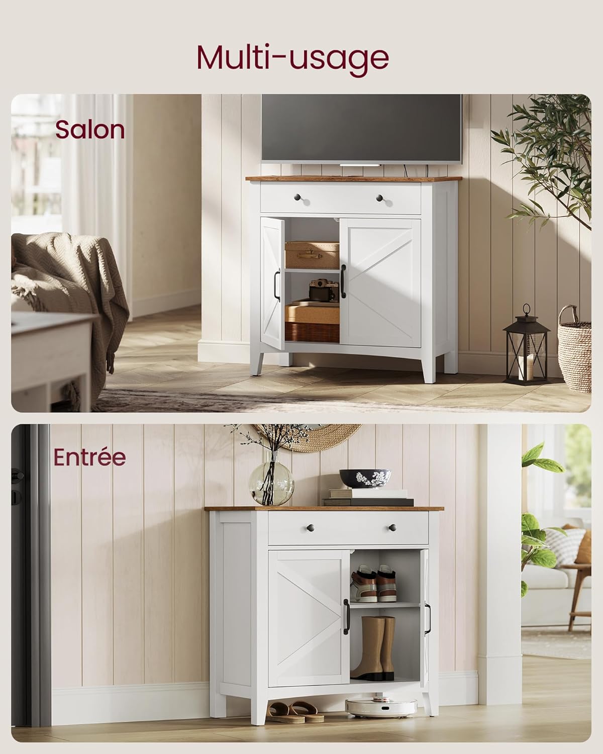 VASAGLE - buffet campagne, 40x80x80 cm, tiroir, étagère, portes, BBK341W02