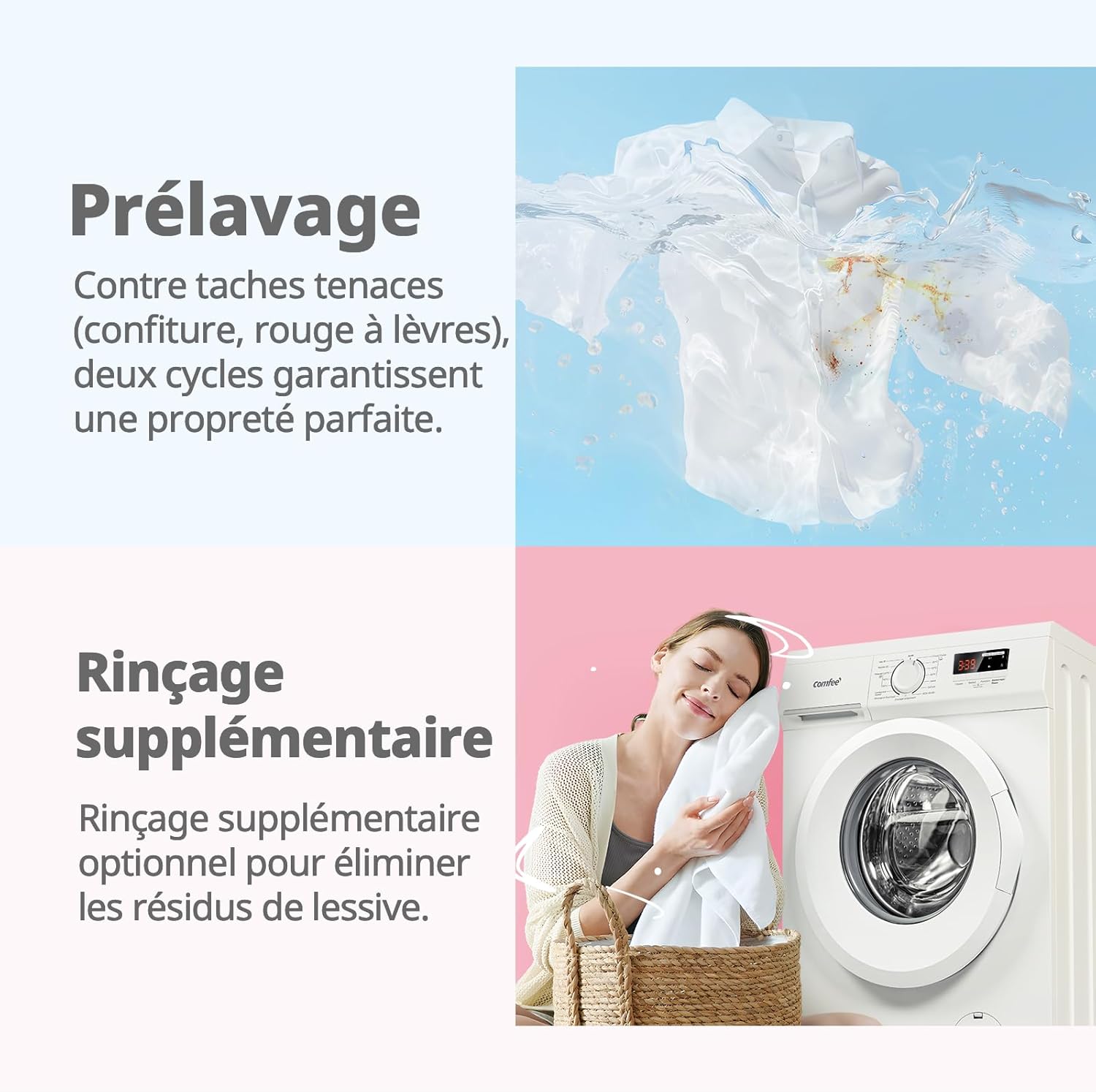 COMFEE' - Lave-linge frontal 8kg, classe A, moteur BLDC, 15 programmes, CFE12EW80/W-FR