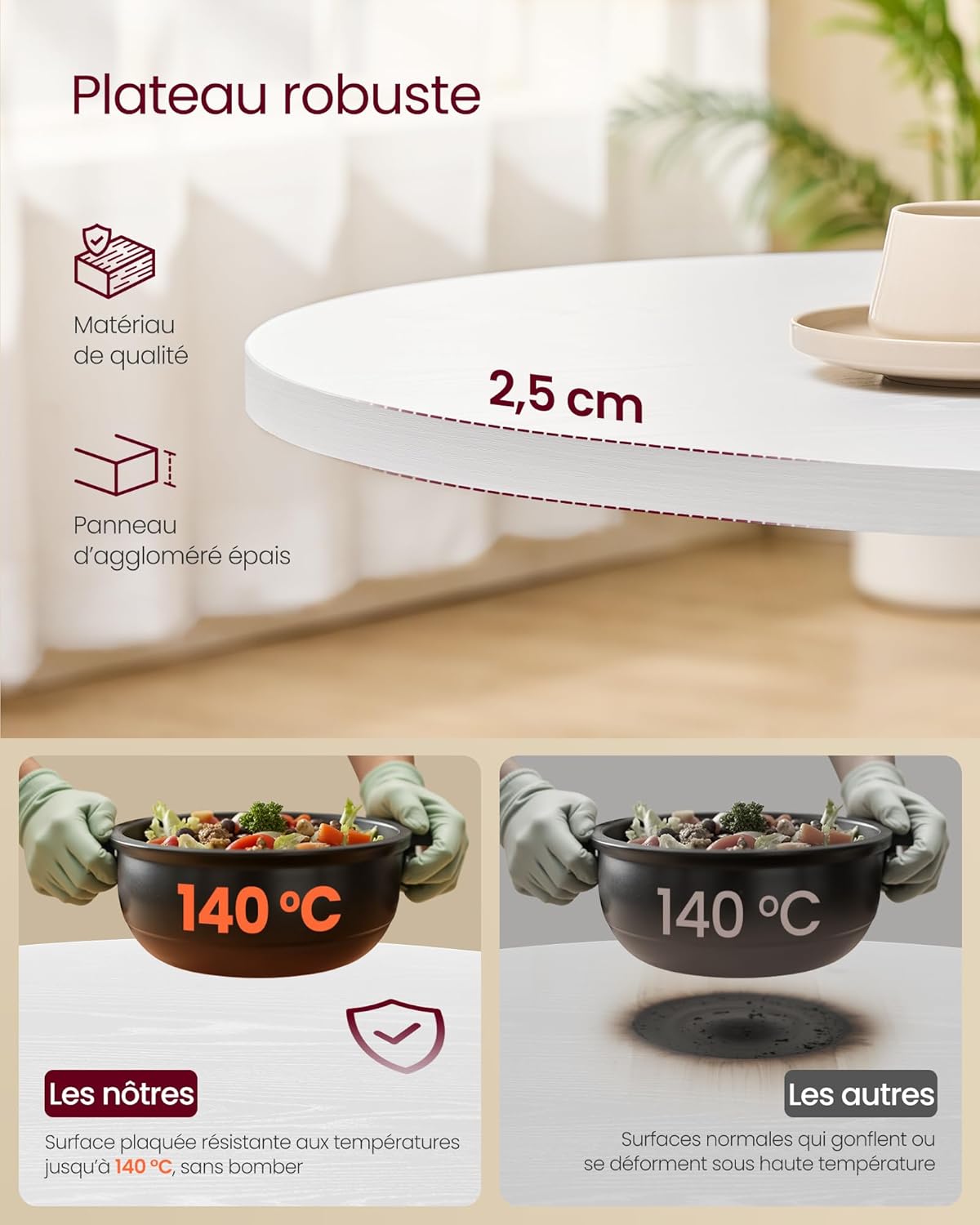 VASAGLE - Table ronde style campagnard, 80x74,8cm, résistante à l'eau, KDT082W01