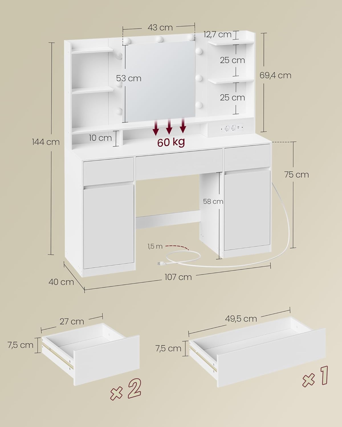VASAGLE - Kailyn Collection coiffeuse, blanc, LED, rangements, RDT142WB02