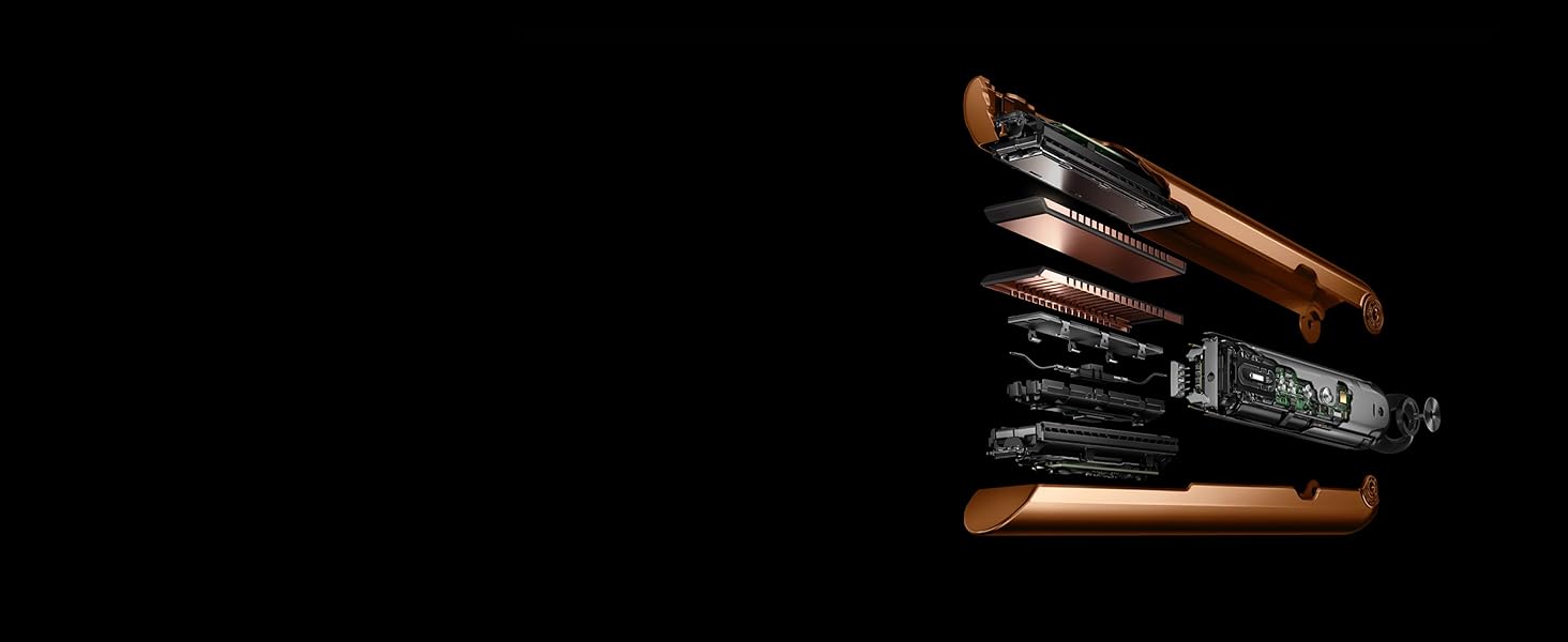 Les technologies à l’intérieur du lisseur Dyson Corrale révélées par un graphique en vue éclatée.