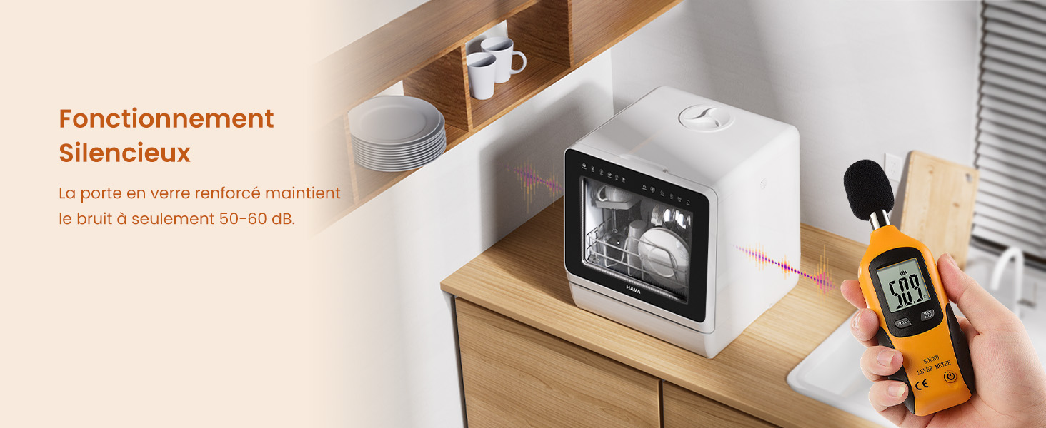 sur une surface en bois avec unité portative. Le texte indique un fonctionnement silencieux et une autonomie de 15 heures