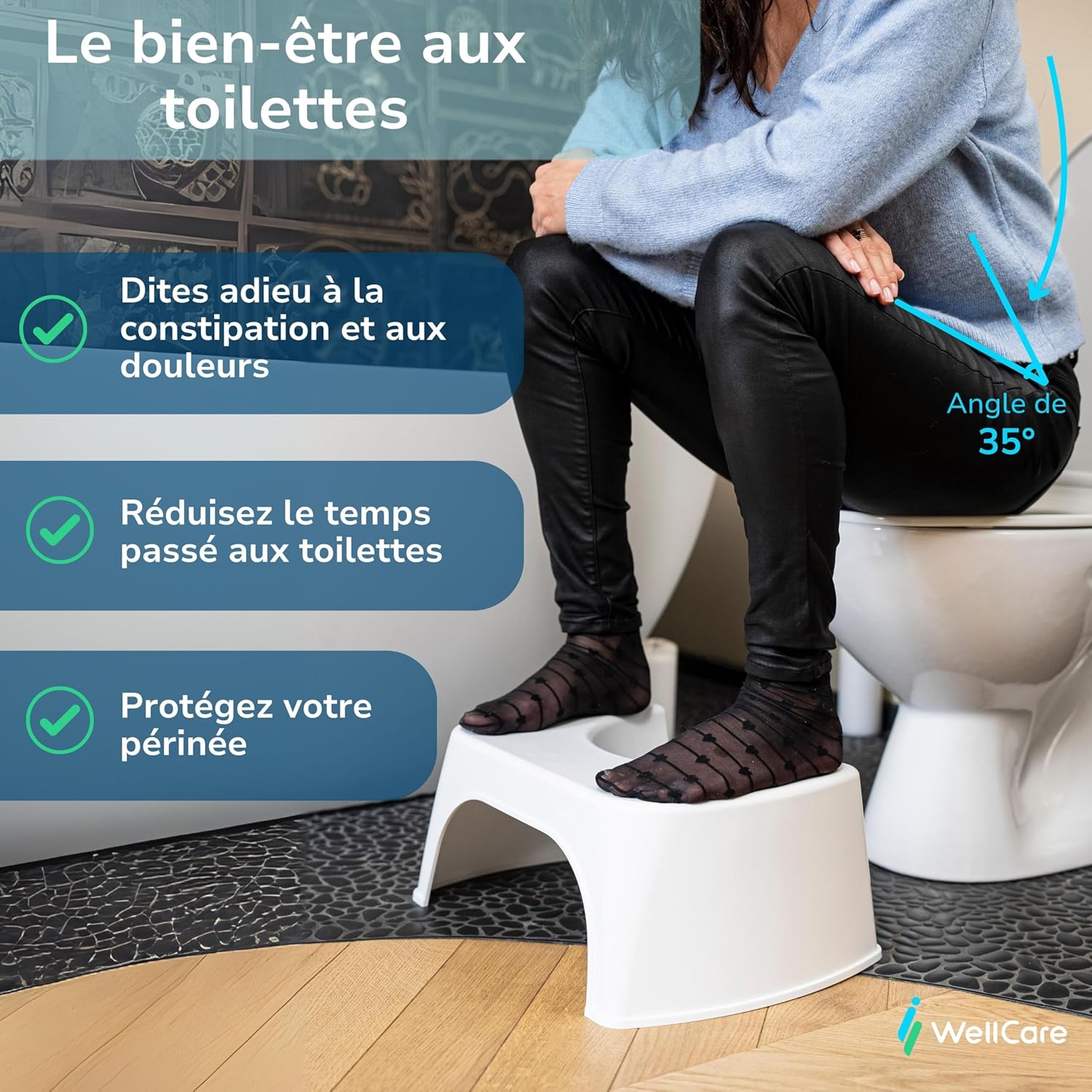 Tabouret de toilette - Gris, plastique recyclé, Fabriqué en France - Compact, position physiologique anti-constipation