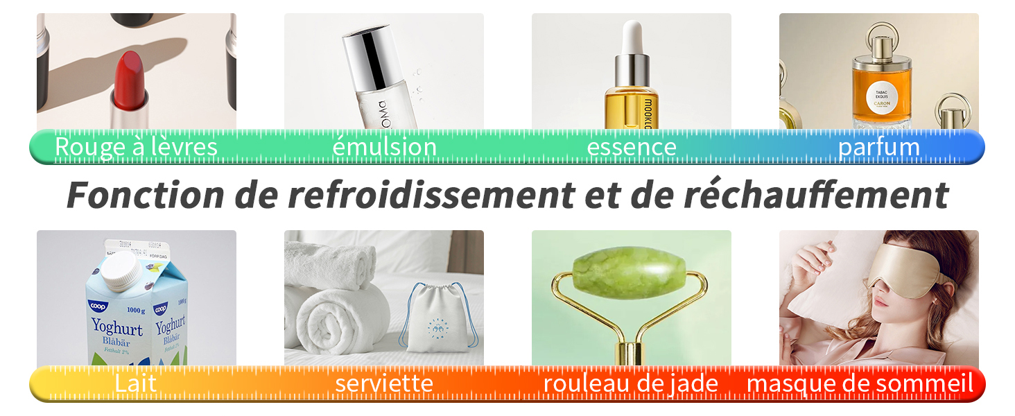 Infographie présentant les fonctions de contrôle de la température avec des icônes pour le réchauffement du biberon, le refroidissement, le chauffage des aliments pour bébés et le mode veille sur une barre dégradée codée par couleur