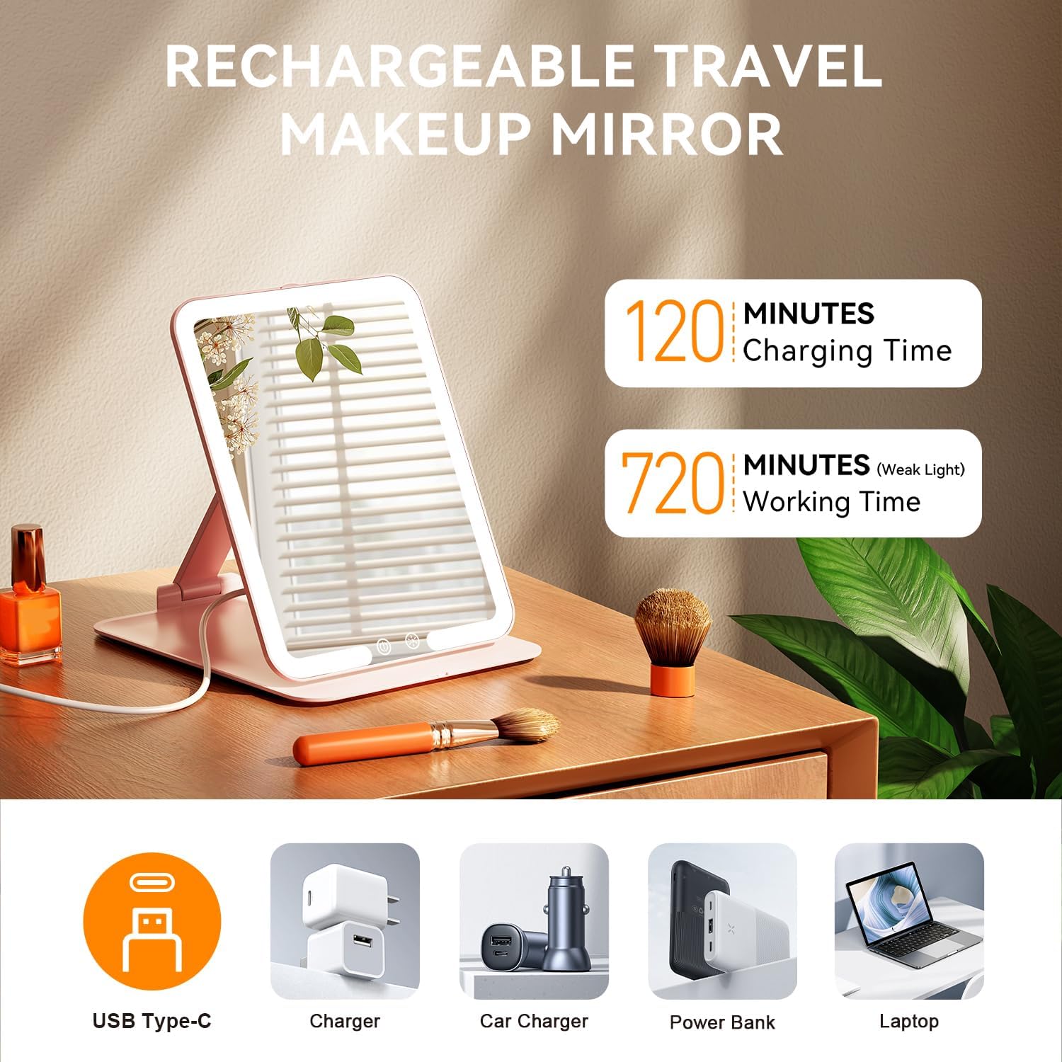 Auxmir - miroir maquillage LED 72 lampes, tactile, USB, HD, voyage