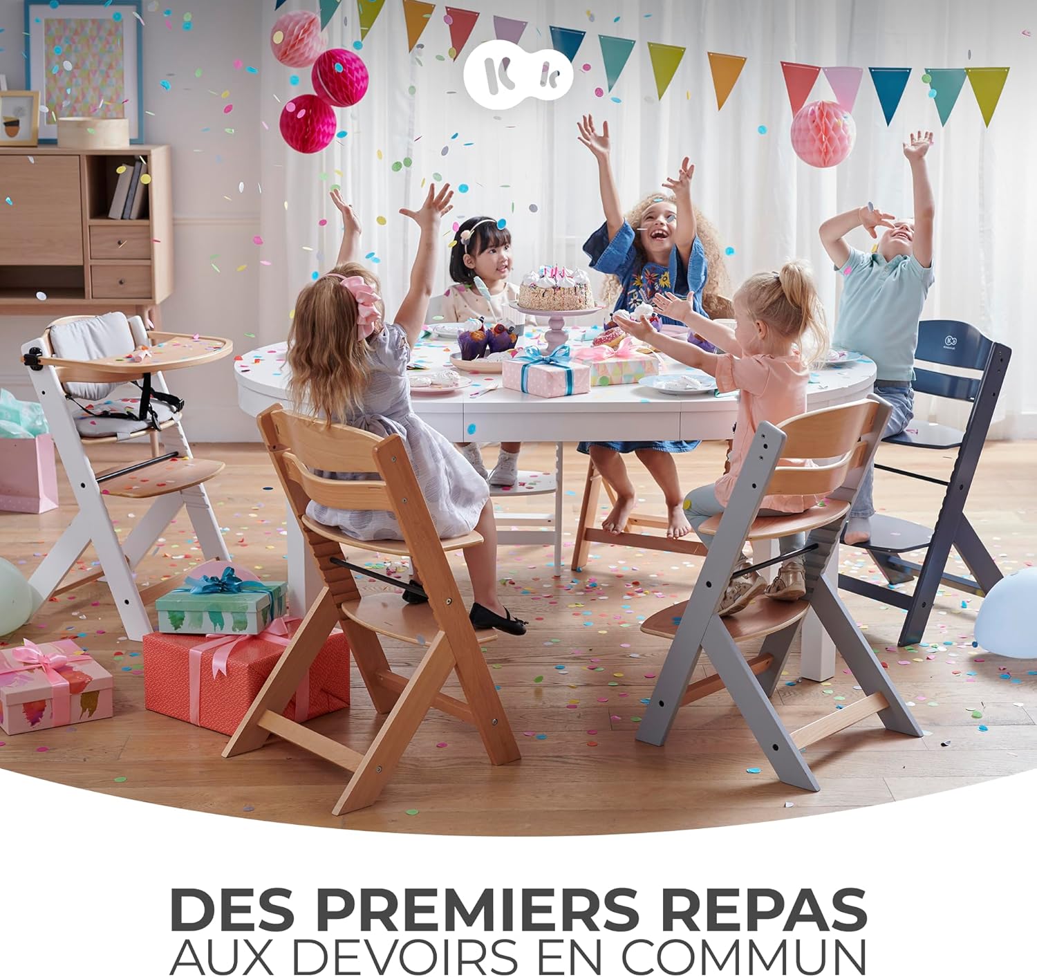 Kinderkraft - ENOCK - chaise haute évolutive, bois hêtre, harnais 3 pts, 35 kg, plateau amovible, blanc