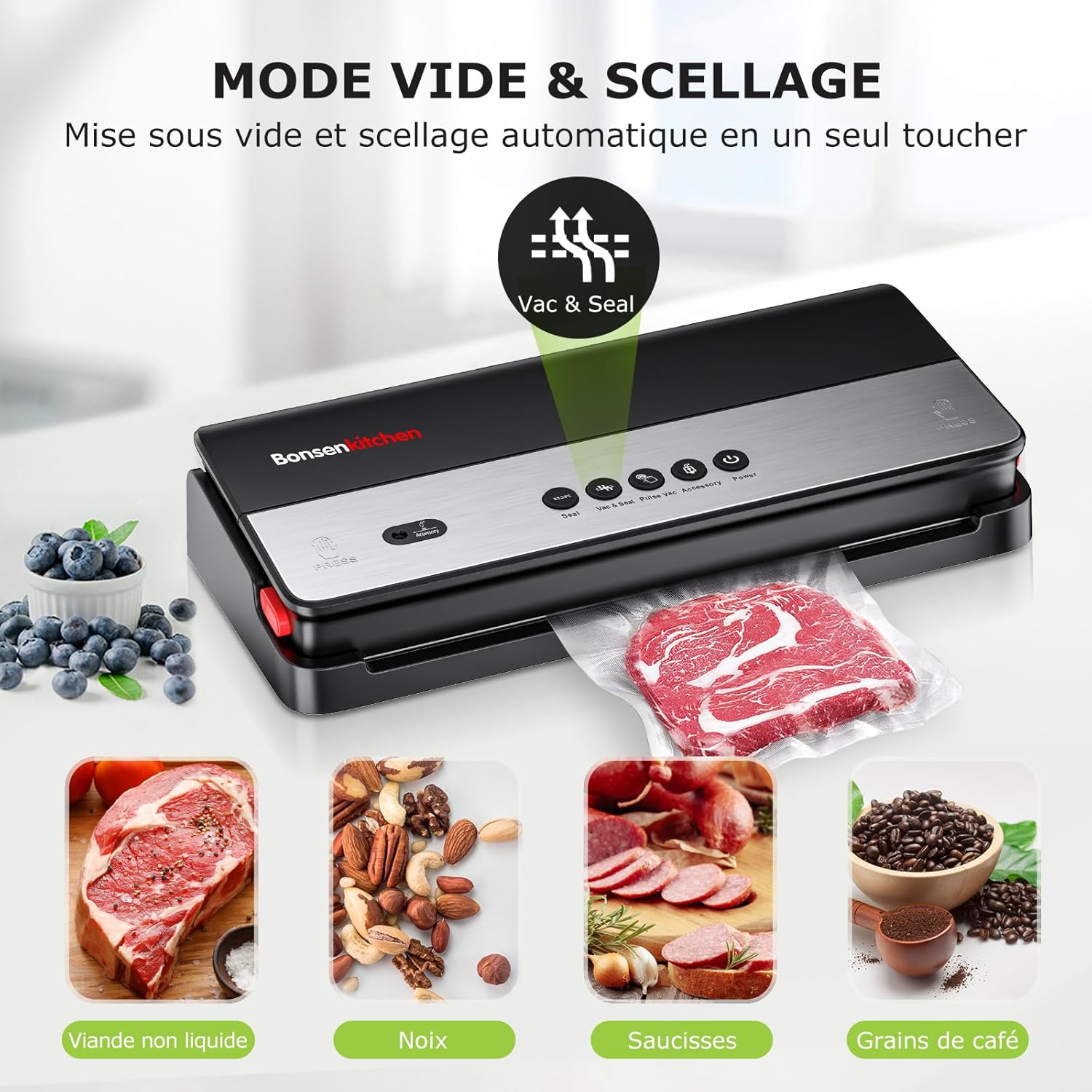 Bonsenkitchen - machine sous vide - cutter intégré, sacs inclus, pour aliments secs et humides