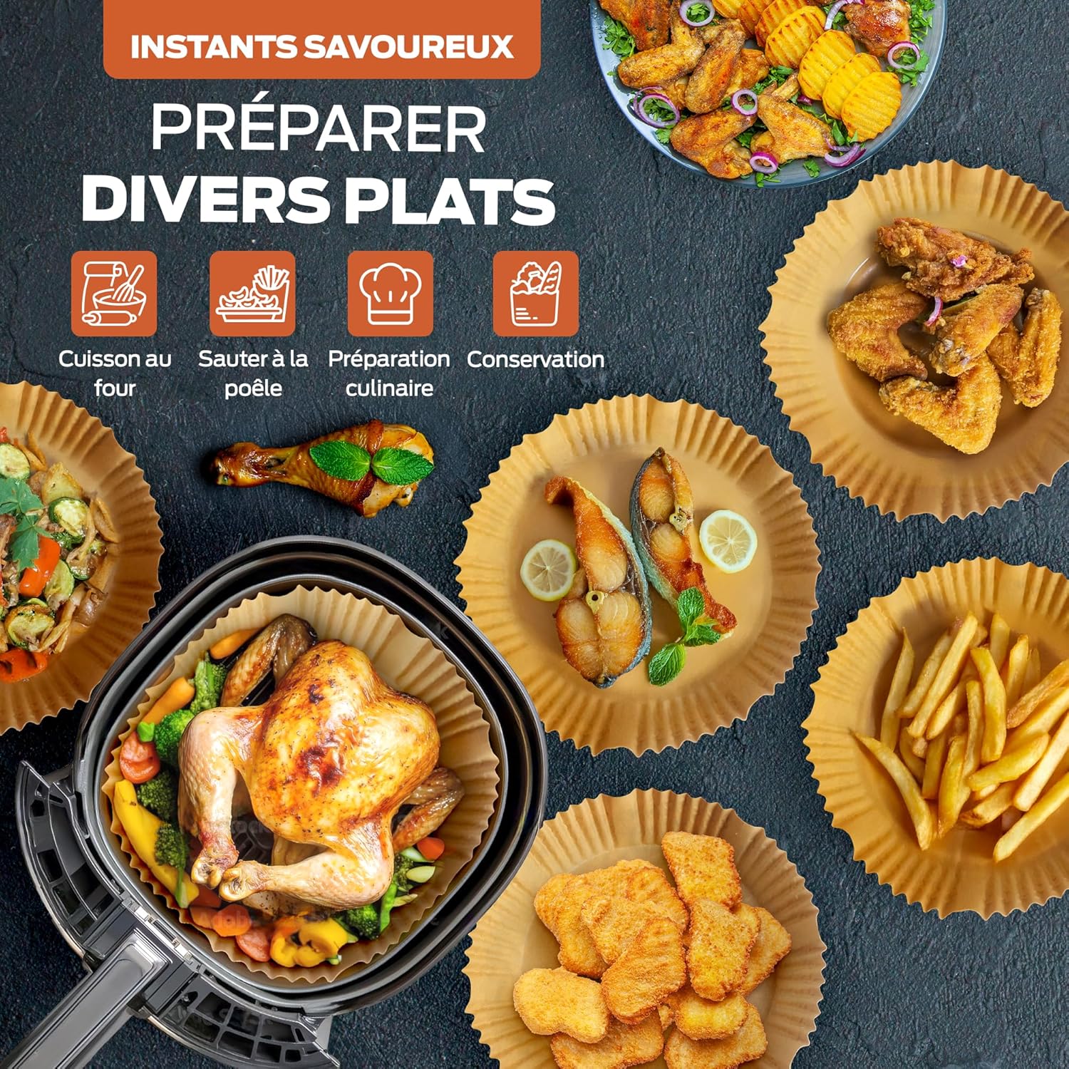 PORTENTUM - Papier cuisson air fryer - 20×24 cm, 100 pièces, BPA free, pour friteuse 5–8L