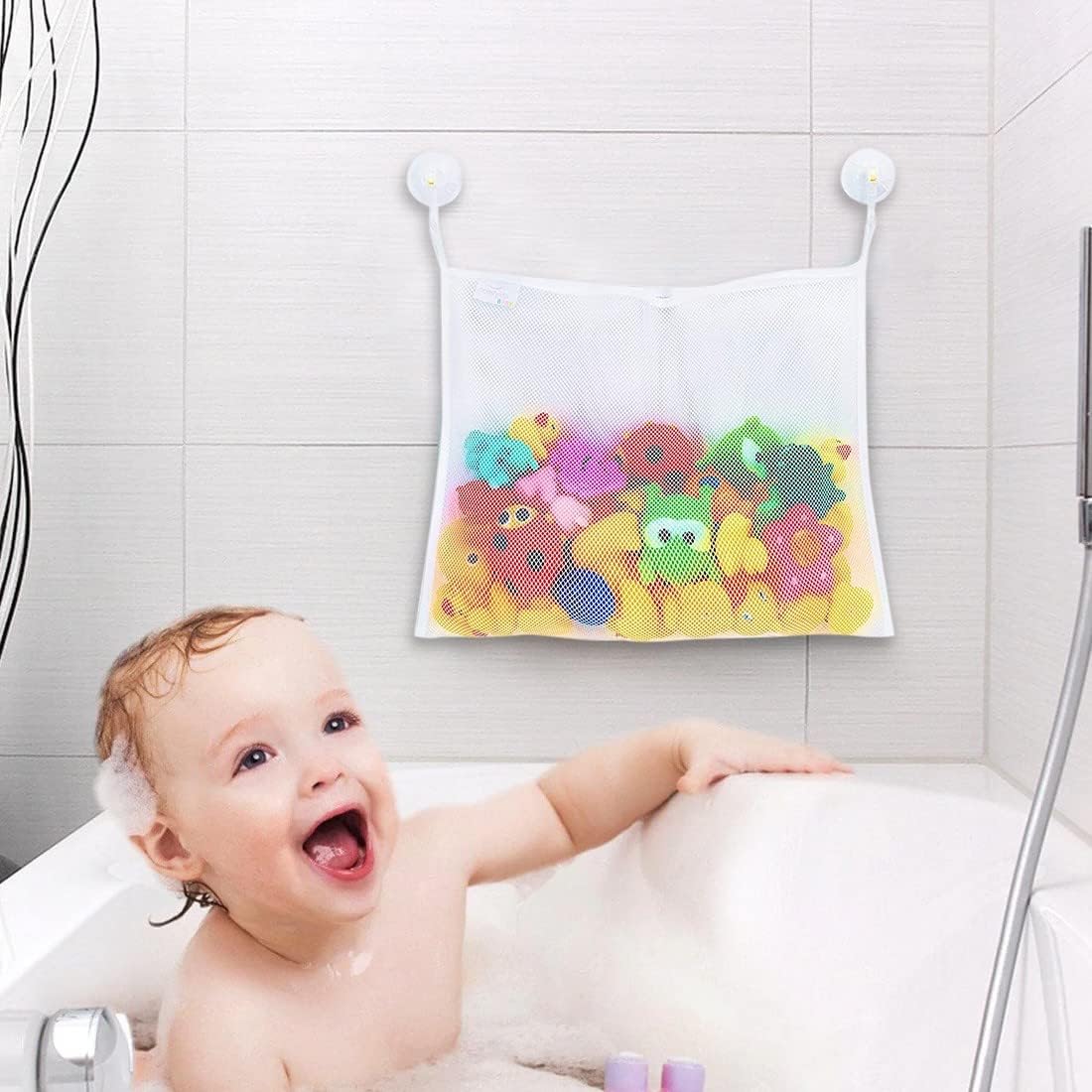Filet de bain rangement jouets, animaux marins, 2 ventouses, lavable, sans perçage
