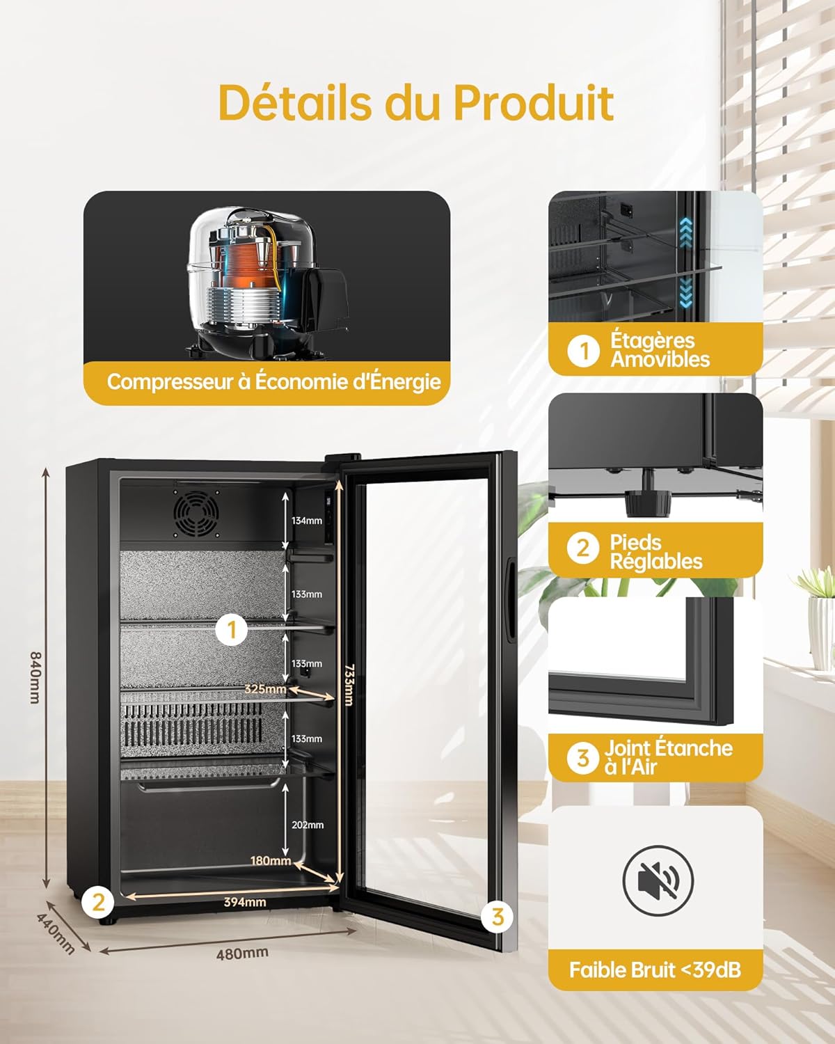 WIE - Réfrigérateur mini bar 83L, silencieux, 0-10°C, noir - WIE