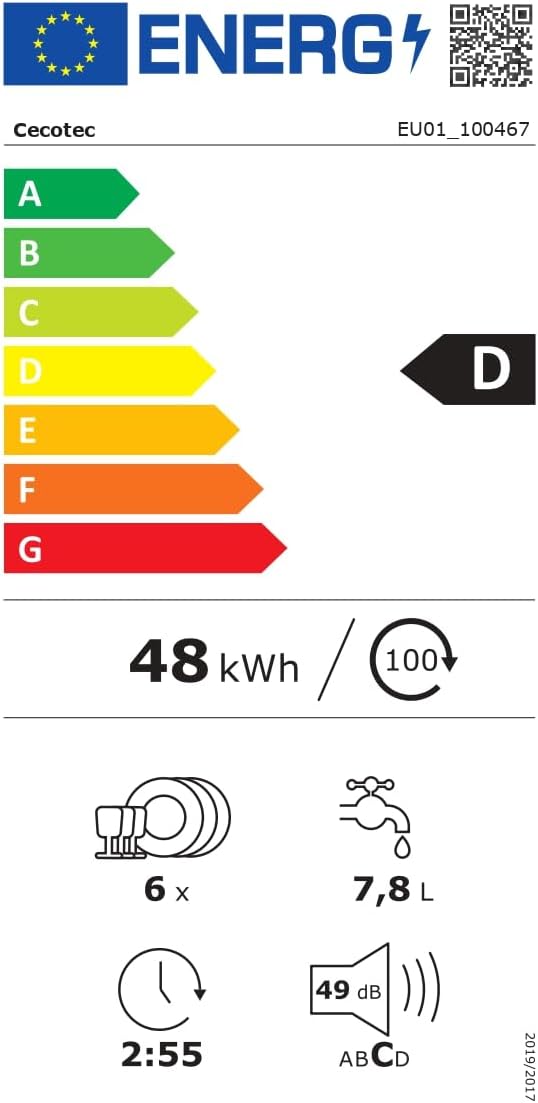 Cecotec - Bolero Aguazero 2500 S-BI - compact 6 couverts - 5 programmes, verre noir, départ différé, 1380W, 2500 S-BI
