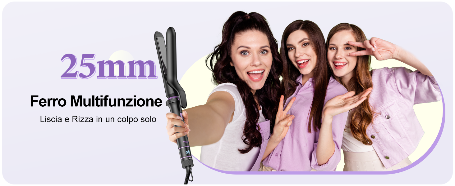 Le texte indique « 25 mm » et « Ferro Multifunzione ». Montre le produit en fer à friser avec les spécifications de mesure.