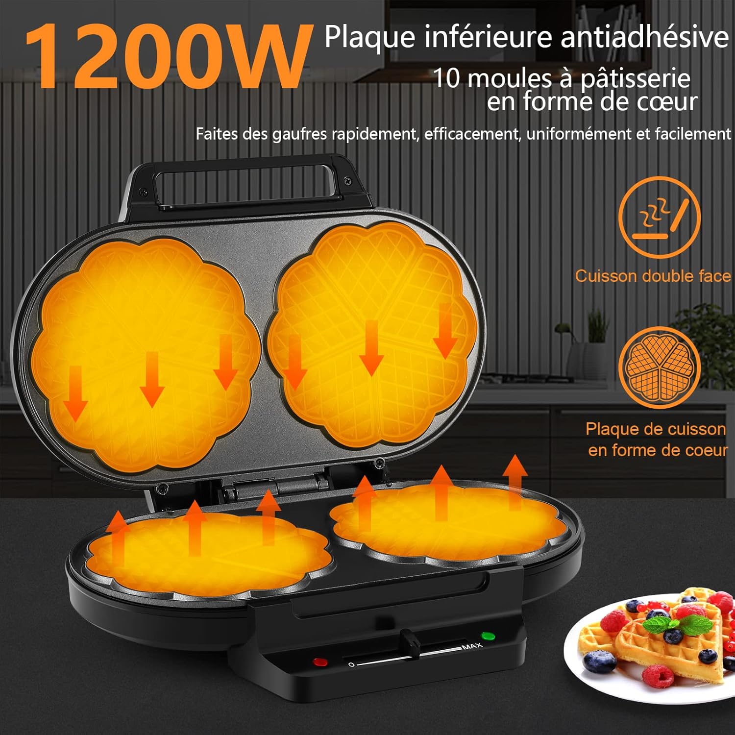 YASHE - machine à gaufres cœur - 1200W - 5 réglages, antiadhésif, anti-débordement