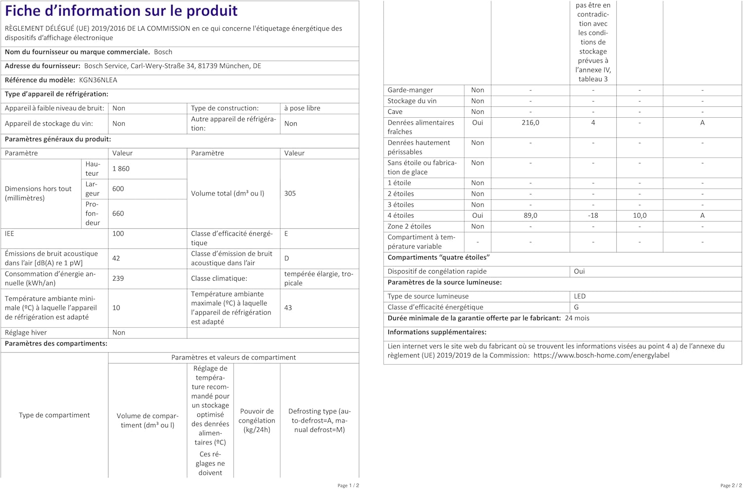Bosch - combiné Série 2 - 305L, 60x186cm, inox argent - KGN36NLEA