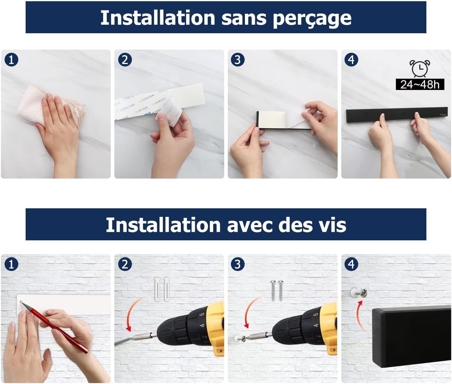 Dmore - porte-couteaux avec 3 crochets - 40 cm - aimant extra-fort, adhésif ou vis