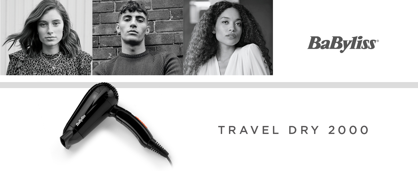 BaByliss, sèche-cheveux, Travel Dry 2000, 5344E, poigné pliable, compact, léger, noir, concentrateur