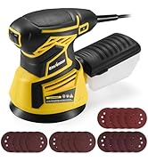 Outil électrique pour ponceuse orbitale jaune et noire avec poignée ergonomique, illustré ci-dessous avec plusieurs disques de ponçage circulaires de couleur brun rougeâtre.