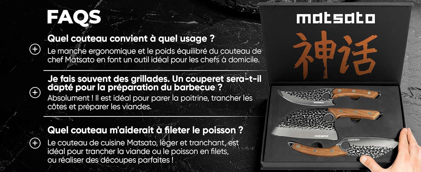 Le texte indique « FAQS » et « makgato ». Section FAQ en français sur la sélection des couteaux avec de multiples questions et réponses sur fond foncé.