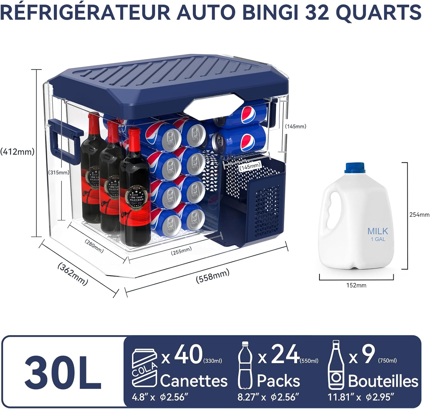 BINGI - Glacière électrique 30L - Refroidissement rapide, -18°C, multi-voltage