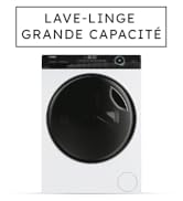 Le texte indique « LAVE-LINGE GRANDE CAPACITÉ ». Machine à laver moderne à chargement frontal en blanc avec porte circulaire noire et panneau de commande numérique en haut.