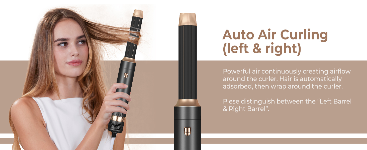 avec capacité de frisage dans les deux sens. Femme démontrant son utilisation sur cheveux longs. Le texte met en évidence la fonction « Curling automatique à l'air