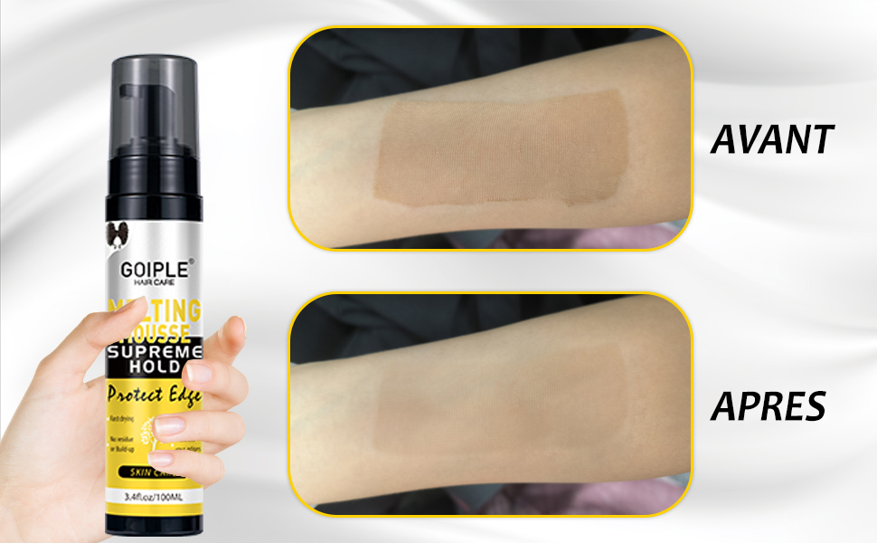 en flacon jaune avec distributeur à pompe. Les images avant et après montrent un effet sur les cheveux, réduisent les frisottis et augmentent la douceur