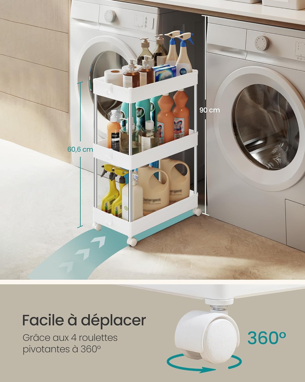 SONGMICS - Chariot de cuisine 3 niveaux, 23,6x42x60,6 cm, acier blanc, KSC009W01