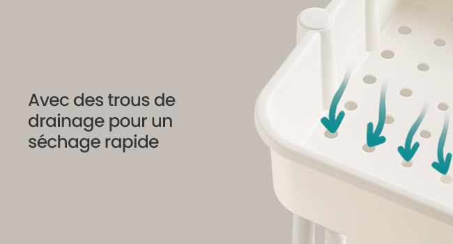 Le texte se lit comme suit : « Avec des trous de drainage pour un séchage rapide ». Récipient ou support blanc avec trous de drainage, indiqués par des flèches turquoises pointant vers le bas.