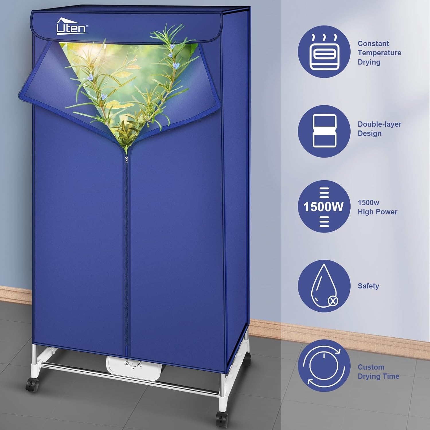 Sèche-linge portable double couche, 1500W, minuterie réglable, armoire