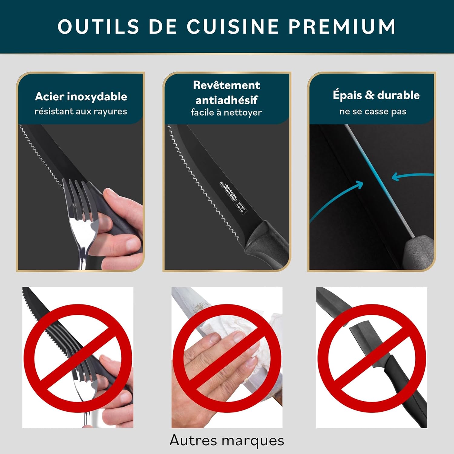 Couteaux à steak - lot de 8, 21cm, inox, lame dentelée, manche noir