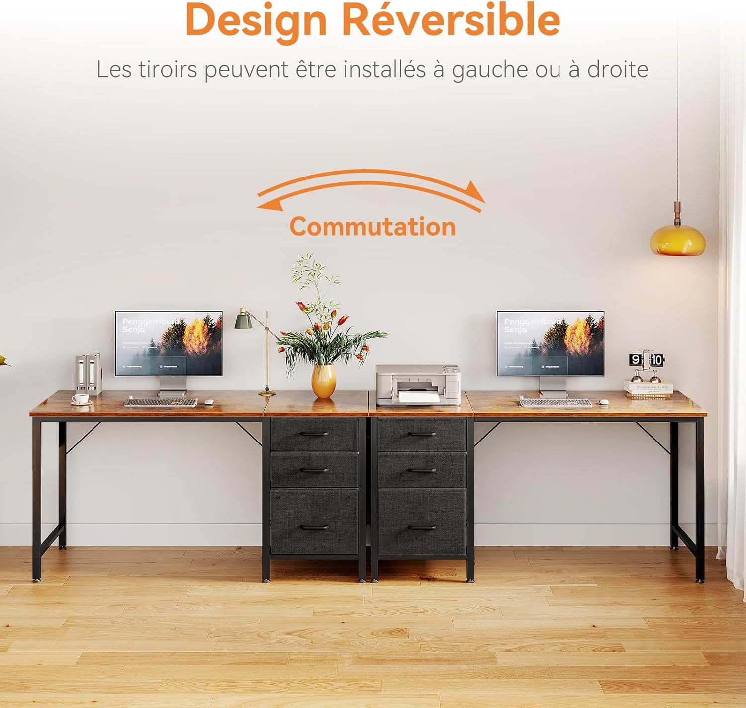 Coleshome - Bureau 3 tiroirs tissu - 120x48cm - réversible, porte-casque