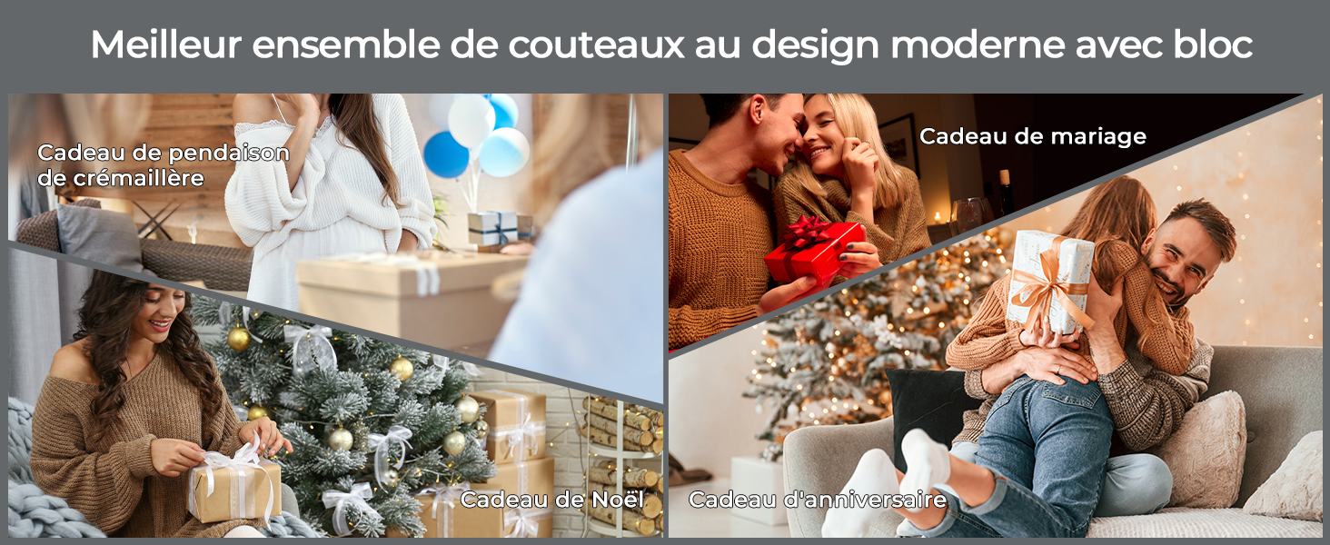 Collage de quatre images montrant une collection de couteaux modernes, présentée dans différents décors avec une superposition de texte en français