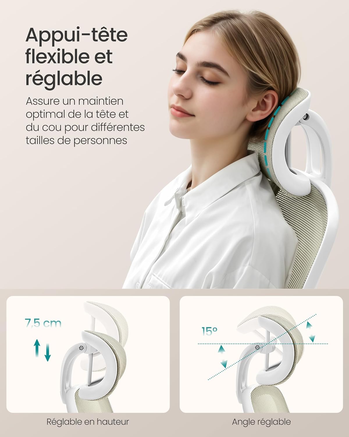 SONGMICS - chaise bureau ergonomique, 53 cm, maille, soutien lombaire, accoudoirs pliables, OBN047K01